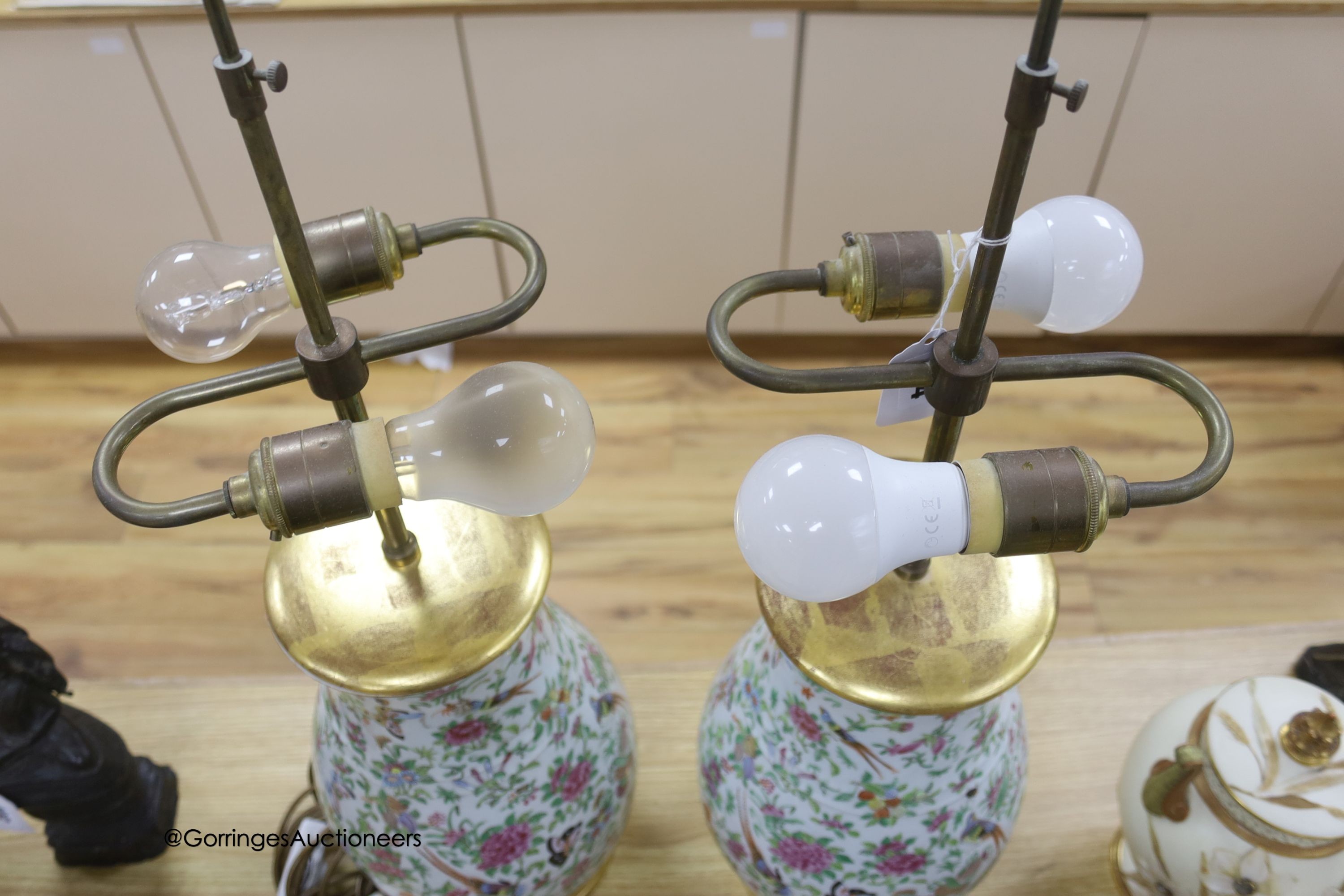 A pair of Chinese famille rose converted lamps, overall height 74cm